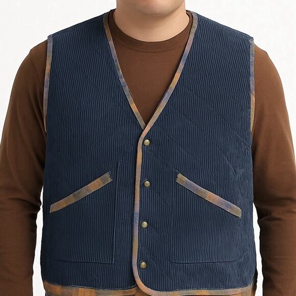 Protest Clothing Corduroy Quilted Vest Blue Plaid Flannel Lined 100% Cotton XL - Picture 2 of 14